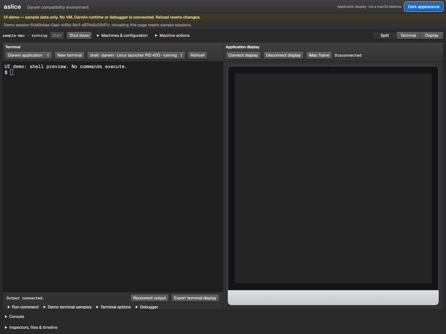 The same simulator console in dark appearance