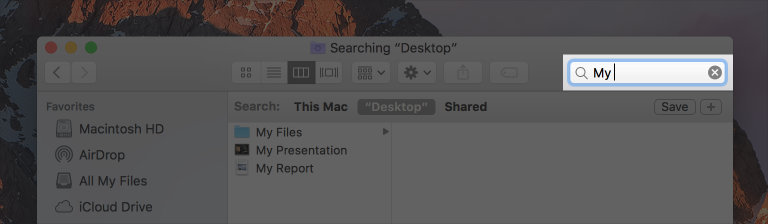 Partial screenshot of a Finder window with the search field highlighted. The text "My" has been entered into the field and three items have been found.