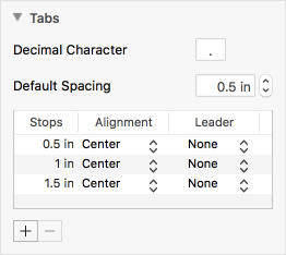 Screenshot of the Tabs inspector in Pages, which includes an editable table view that lets users set tab stops, determine their alignment, and whether a tab has a leader.