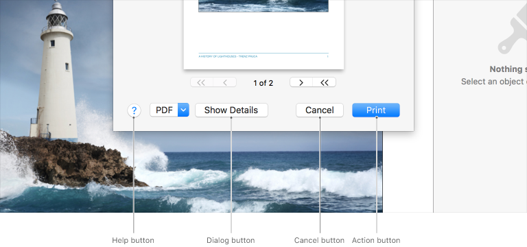 Screenshot of a Print dialog, with callouts to the following controls: Help button, Dialog button, Cancel button, and the Action, or Print, button.