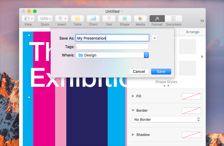 A collapsed Save dialog sheet provides users with a pop-up button for choosing a location to save the file.
