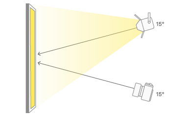A macOS app icon, showing the position of the lighting source for achieving the drop shadow, as well as the position of the camera. The lighting source is pointed at the icon’s center, and angled downward fifteen degrees. The camera is positioned lower and angled upward fifteen degrees.