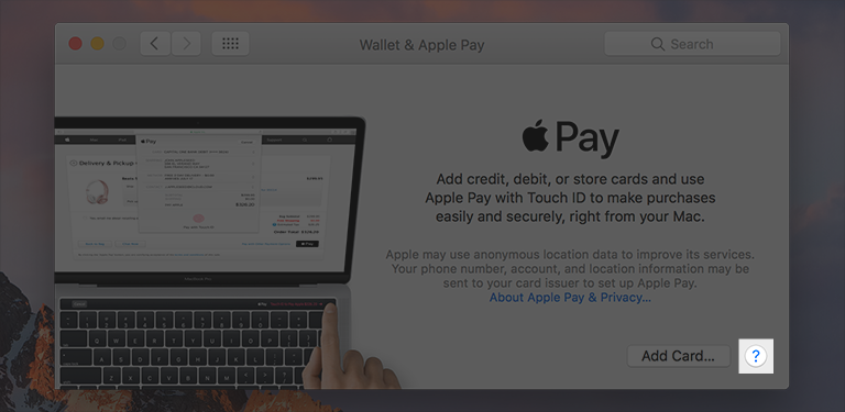 Screenshot of the help button highlighted in the lower-right corner of the Wallet & Apple Pay preferences pane.