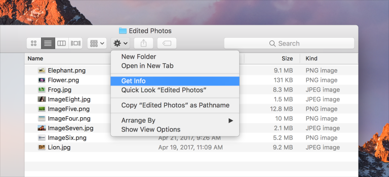 Partial screenshot of a Finder window in list view. The action button in the toolbar reveals a menu of several commands.