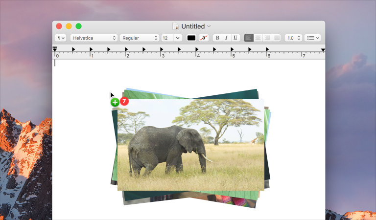 Screenshot showing that seven images were selected and dragged into a TextEdit document window. The multi-item drag icon appears as a circle with a plus sign inside, directly beneath the pointer. To the immediate right of the plus icon is another icon that indicates the number of dragged objects.
