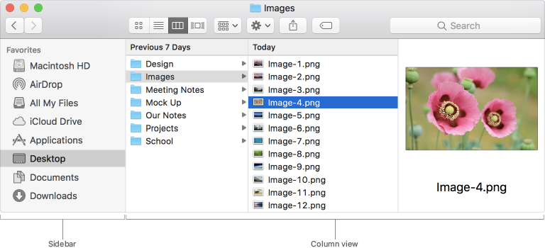Screenshot of a Finder window, with callouts highlighting the window’s sidebar and the contents of a folder in Outline view.