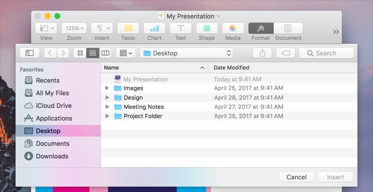 An Open dialog sheet appearing beneath an app window’s toolbar.