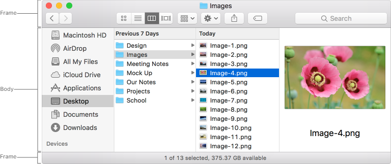 Screenshot of a Finder window, with callouts indicating the top and bottom window frames, and its body.