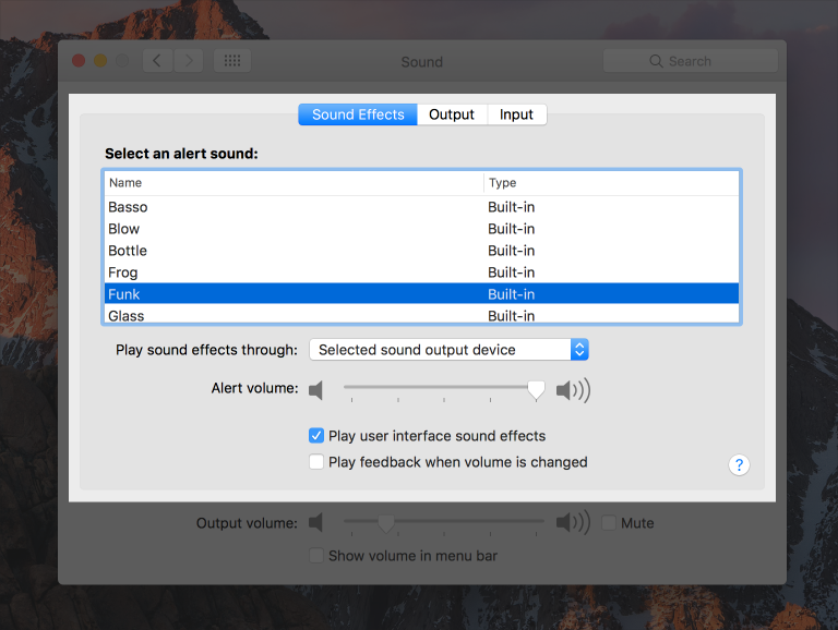 Screenshot of the Sound preference pane, which uses tab views for accessing controls to configure Sound Effects, as well as sound Output and Input.