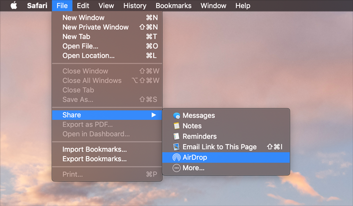 Screenshot of the Safari File menu, with the Share submenu opened and the AirDrop item chosen.