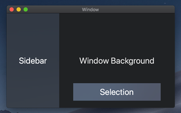 The sidebar, window background, and selection materials display different amounts of transparency and blending in a dark appearance.