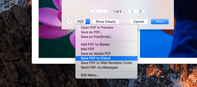 Partial screenshot of the Print sheet, showing the open PDF pull-down menu, which lists several commands.