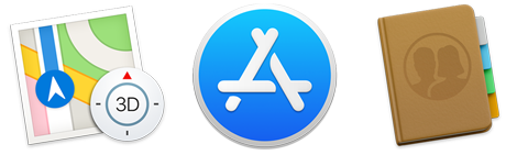 App icons for Maps, the Mac App Store, and Contacts on macOS.