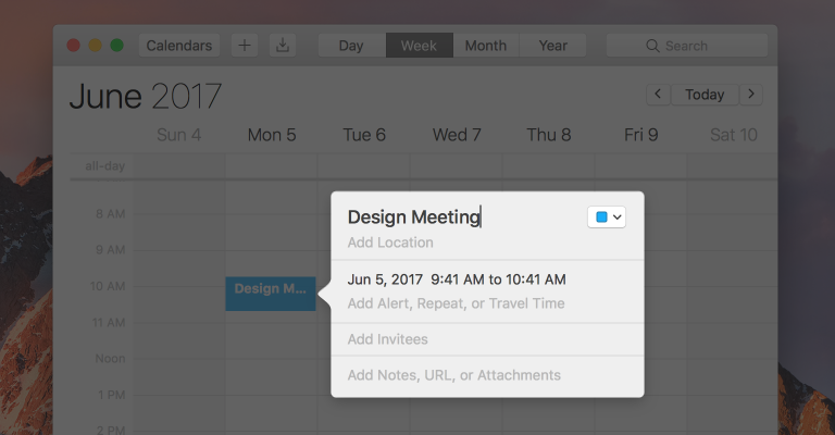 Screenshot of Calendar, highlighting the popover used to view the details of a calendar event.