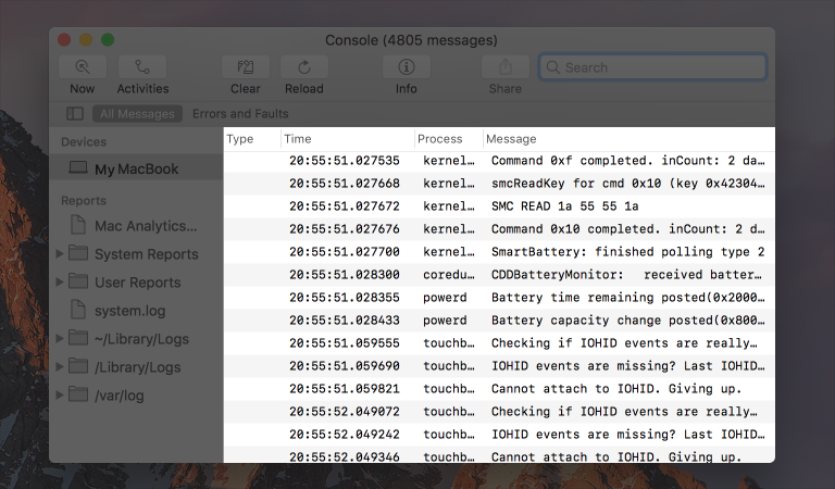 Screenshot of the Console app, highlighting the table view used to display errors and faults on a system.