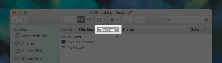 Screenshot of a Finder window, highlighted to show the Desktop scope button in the scope bar.