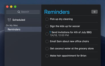 The Reminders app with a dark interface.