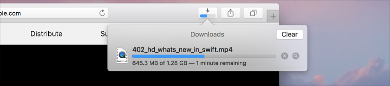 Screenshot of a Safari window, cropped to show the Downloads popover. In the popover, the progress of a download is shown by a progress bar that's filled to about the midpoint.