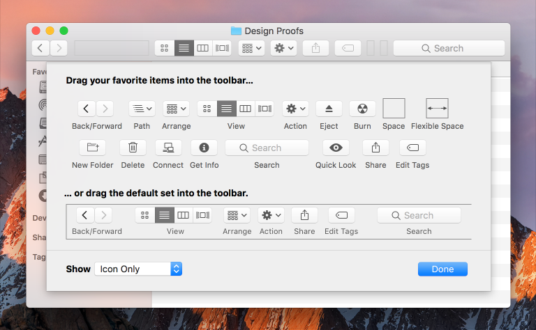 Screenshot of the Customize Toolbar sheet in Finder.