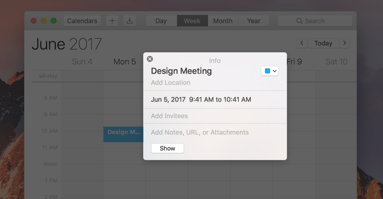 Screenshot of Calendar, highlighting the detached version of the popover used to view the details of a calendar event.