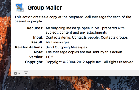 Partial screenshot of the description of the Group Mailer Automator action.