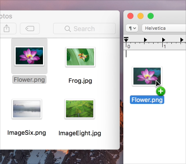 Screenshot of an image file being dragged from a Finder window into a TextEdit window. The pointer indicates that the file is being copied, not moved.