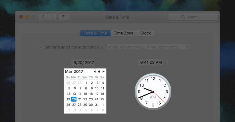 Screenshot of Date & Time preferences with a calendar date picker and a clock date picker highlighted.