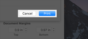 Cropped screenshot of a print dialog, highlighting the Cancel and Print push buttons.