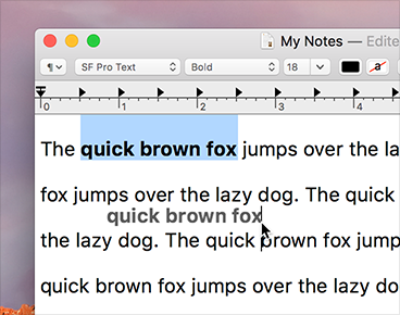 Screenshot of a TextEdit window in which a portion of text is being dragged. The vertical insertion indicator shows where in the content the selected text will drop.