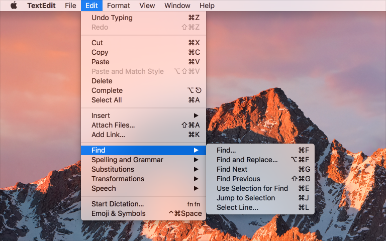 Screenshot cropped to show the TextEdit menu bar menus with the Edit menu and Find submenu revealed.