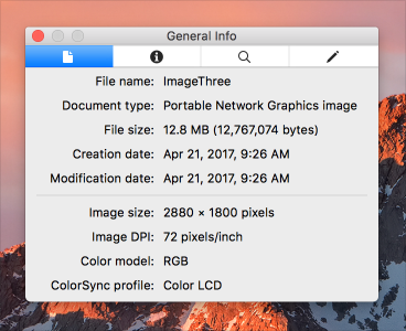 Screenshot of an Info window, which uses two horizontal panels to display details about the selected file.