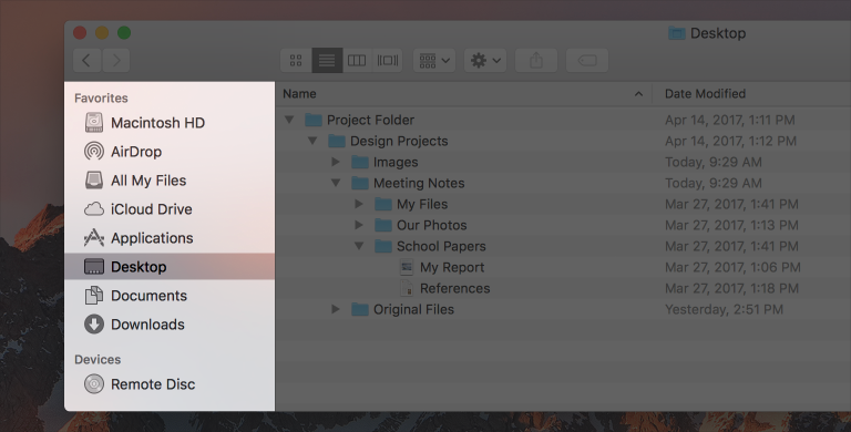 Screenshot of a Finder window, with the sidebar highlighted and desktop selected.