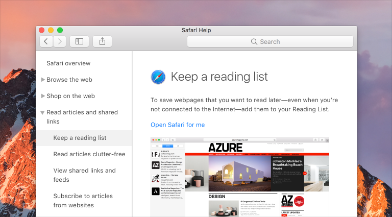 Safari’s Help window.