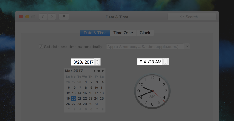 Screenshot of Date & Time preferences with two textual date pickers highlighted, one for the date and one for the time.