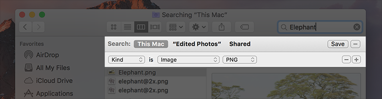 Partial screenshot of a Finder window, highlighting a Scope Bar, used for filtering PNG images.