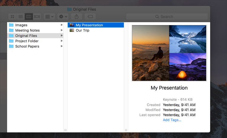 Screenshot of a Finder window, with View as Columns selected. The window shows three columns: the first (at left) with a folder selected, the middle with a file selected, and the third (at right) shows a preview and details for the selected file.