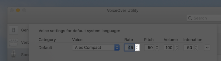 Screenshot of the editing sheet in VoiceOver Utility that's used to adjust settings for the default system language. In the screenshot, the rate stepper is highlighted.