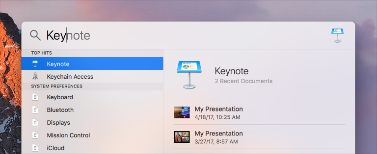 Screenshot of a Spotlight search field, showing that the user has entered the letters Kay-Ee-Why, to search for Keynote.