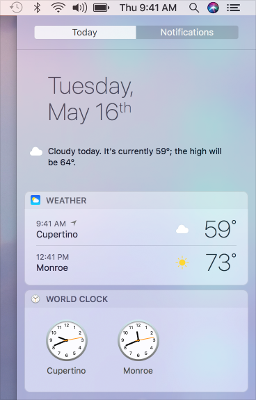 Screenshot of the Today pane cropped to show the current date and weather, in addition to the Weather and World Clock widgets.