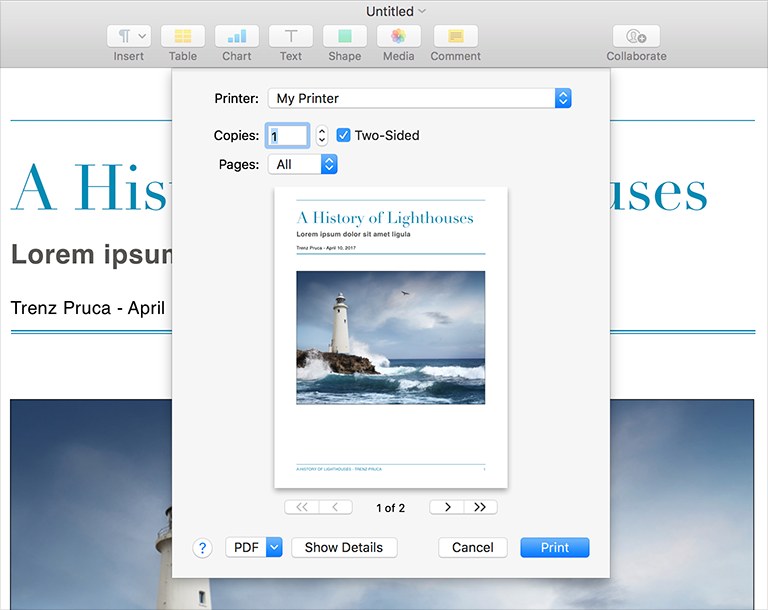 Screenshot of the Print sheet displayed in Pages.