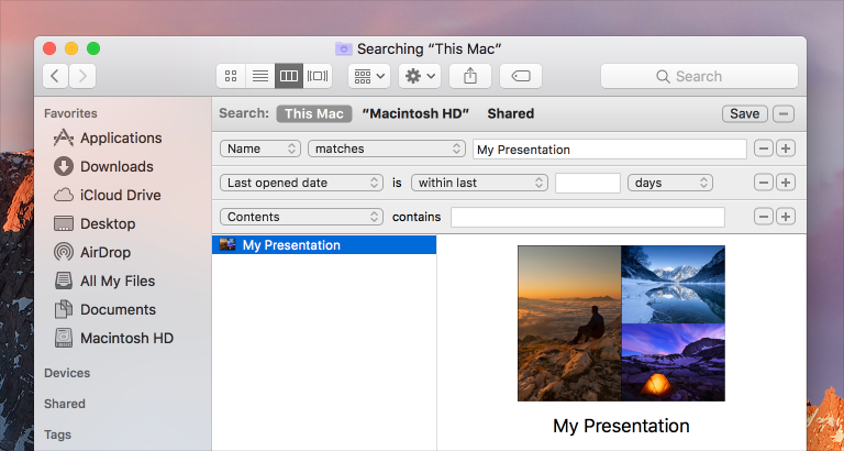 Screenshot of the predicate editor for a Smart Folder, used to locate a file named My Presentation.