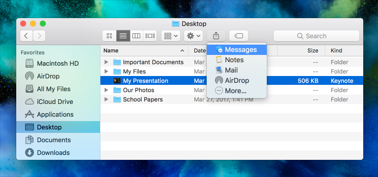 Screenshot of a Finder window in list view with a document selected. The Share toolbar button's menu is open and the Messages item is selected.