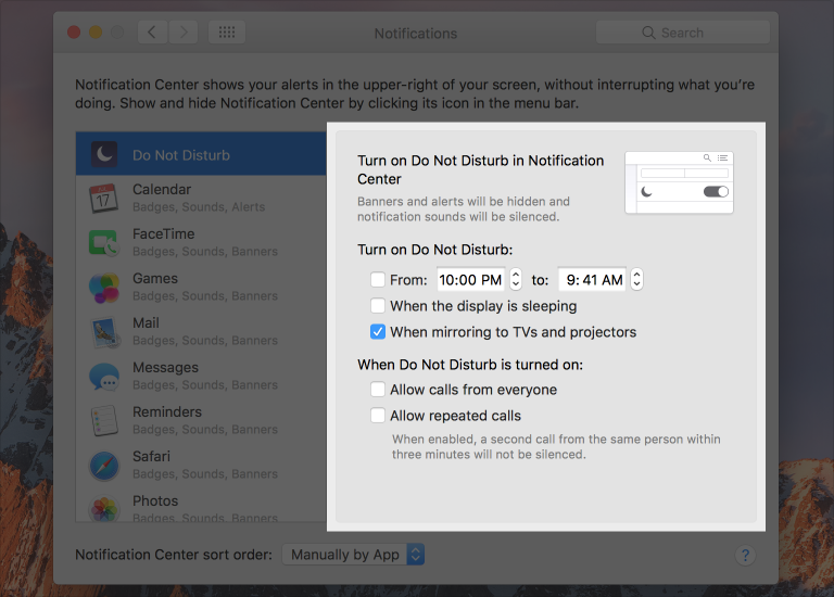 The Do Not Disturb box, as shown in the Notifications preference pane.