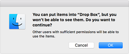 Screenshot of an alert that explains what will happen to the files being dragged. The alert includes OK and Cancel buttons users can use to confirm or stop the drag.