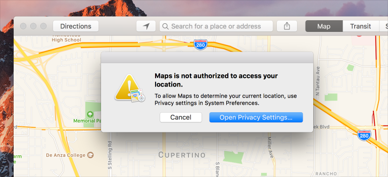 An alert, requesting permission to access the user’s location while using the Maps app.