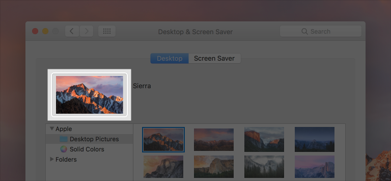 Screenshot of Desktop & Screen Saver preferences with the image well containing the currently selected desktop picture highlighted.