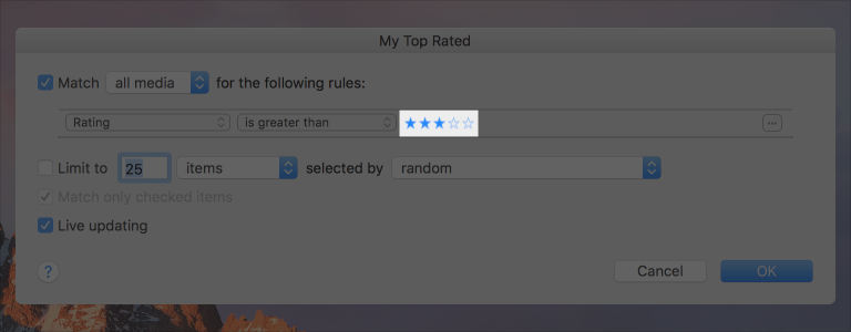 Screenshot of a rating indicator with the leftmost three stars  out of five filled in.