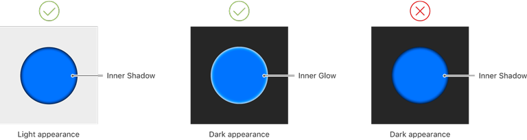 An image used for light appearances has an inner shadow. In Dark Mode, change the inner shadow to an inner glow to make the image stand out. Don't use the same light image in Dark Mode.