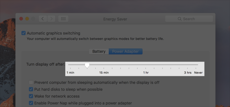 Partial screenshot of the Energy Saver preferences pane, highlighted to show the slider that controls how long the display should remain on after inactivity.