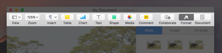 Partial screenshot of a Pages document window that uses a title bar and a separate toolbar.